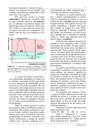 Fundamentos de Bioquímica – Capítulo 5: Enzimas                                                             57
  energia livre menores do que quando eram                       meio deixando um déficit energético após a
  substratos, pois liberaram energia para o meio                 conversão dos substratos em produtos.
  (e por isso o meio aquece).                                             Na natureza, as reações químicas ten-
          Pelo raciocínio inverso, as reações                    dem a ocorrer espontaneamente na direção
  endotérmicas (aquelas que consumem calor                       onde há a dissipação da energia, ou seja, no
  do meio) possuem valores de ∆G positivos,                      sentido em que a entropia (grau de desorga-
  pois os substratos acumularam energia além                     nização) aumenta. Isto significa dizer que em
  daquela que tinham inicialmente. Nesta situa-                  reações espontâneas, o produto final possui
  ção, evidencia-se uma queda da energia livre                   uma variação de energia livre com valores
  no sistema reacional, com os produtos “rou-                    negativos, indicando a natureza exotérmica
  bando” calor do meio para poderem ser for-                     das reações. Em bioquímica, tal calor de rea-
  mados.                                                         ção é utilizado para a realização de trabalho
                                                                 celular e o termo mais adequado para esse
                                                                 tipo de reação é exergônica.
                                                                          Então, há uma tendência natural de ser
                                                                 mantida os níveis energéticos antes e depois
                                                                 da formação dos produtos, havendo apenas a
                                                                 redistribuição da energia entre os produtos e o
                                                                 meio reacional. Esses conceitos dizem respei-
                                                                 tos aos princípios gerais da termodinâmica,
                                                                 onde a conservação da energia (primeira lei) e
                                                                 a mudança para níveis de maior entropia (se-
                                                                 gunda lei) são leis universais para as reações
                                                                 envolvendo a produção e consumo de energia
                                                                 (para maiores informações, ver Capítulo sobre
Figura 5-3 – As enzimas diminuem a energia de ativação           Bioenergética).
necessária para converter os substratos em produtos. A vari-              As enzimas não modificam o processo
ação da energia livre, entretanto, não é alterada em relação à   de produção ou consumo energético de uma
reação não catalisada.                                           reação química, não alteram o equilíbrio da
                                                                 reação, mas aumentam a velocidade da reação
          A energia de ativação corresponde a                    por diminuir a energia de ativação dos subs-
  uma determinada quantidade de energia que                      tratos. Isto acontece devido à conversão dos
  os substratos necessitam receber para atingir                  substratos em produtos ocorrer pela facilita-
  um nível energético de instabilidade que de-                   ção do alinhamento tridimensional entre os
  sencadeie sua conversão em produto. De uma                     substratos, exigindo uma energia bem menor
  forma geral, esta energia advém do meio rea-                   para a quebra do limiar energético para a for-
  cional e está relacionada à afinidade existente                mação dos produtos.
  entre os substratos, além da direção energética                         Esta poderosa ação catalítica é possí-
  da reação. Logo, para que uma reação ocorra,                   vel graças à forma tridimensional do sítio de
  é necessário que o substrato receba energia                    catalítico da enzima (e o co-fator, na maioria
  elevando seu estado de excitação molecular                     das vezes) com o substrato que permite uma
  até um ponto em que possibilite sua conver-                    rápida reação, ao invés da reação não catali-
  são em produto.                                                sada que necessitaria de um movimento e ali-
          Todas as reações químicas ocorrem                      nhamento aleatórios.
  desta maneira, tanto as exotérmicas quanto às                           Poderíamos, portanto, generalizar uma
  exotérmicas. Nas reações exotérmicas a ener-                   reação enzimática como:
  gia de ativação recebida é devolvida comple-                     S+E           ES          EP          P+E
  tamente para o meio, acrescida de mais ener-                            Onde S = substrato(s); E = enzima
  gia decorrente do processo exotérmico. Nas                     (mais cofator, quando for o caso); ES = com-
  reações endotérmicas, a energia de ativação                    plexo enzima substrato, EP = estágio que an-
  recebida não é liberada totalmente para o                      tecede a liberação de P = produto(s).

                                                                                                   Ricardo Vieira
 