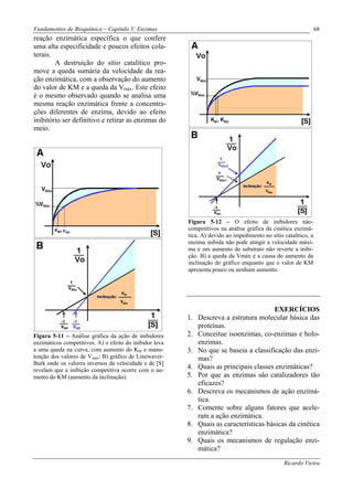 Fundamentos de Bioquímica – Capítulo 5: Enzimas                                                                  68
reação enzimática específica o que confere
uma alta especificidade e poucos efeitos cola-
terais.
        A destruição do sítio catalítico pro-
move a queda sumária da velocidade da rea-
ção enzimática, com a observação do aumento
do valor de KM e a queda da Vmáx. Este efeito
é o mesmo observado quando se analisa uma
mesma reação enzimática frente a concentra-
ções diferentes de enzima, devido ao efeito
inibitório ser definitivo e retirar as enzimas do
meio.




                                                         Figura 5-12 – O efeito de inibidores não-
                                                         competitivos na análise gráfica da cinética enzimá-
                                                         tica. A) devido ao impedimento no sítio catalítico, a
                                                         enzima inibida não pode atingir a velocidade máxi-
                                                         ma e um aumento de substrato não reverte a inibi-
                                                         ção. B) a queda da Vmáx é a causa do aumento da
                                                         inclinação do gráfico enquanto que o valor de KM
                                                         apresenta pouco ou nenhum aumento.




                                                                                       EXERCÍCIOS
                                                         1. Descreva a estrutura molecular básica das
                                                            proteínas.
Figura 5-11 – Análise gráfica da ação de inibidores      2. Conceitue isoenzimas, co-enzimas e holo-
enzimáticos competitivos. A) o efeito do inibidor leva      enzimas.
a uma queda na curva, com aumento do KM e manu-          3. No que se baseia a classificação das enzi-
tenção dos valores de Vmáx; B) gráfico de Linewaver-        mas?
Burk onde os valores inversos da velocidade e de [S]
revelam que a inibição competitiva ocorre com o au-
                                                         4. Quais as principais classes enzimáticas?
mento do KM (aumento da inclinação).                     5. Por que as enzimas são catalizadores tão
                                                            eficazes?
                                                         6. Descreva os mecanismos de ação enzimá-
                                                            tica.
                                                         7. Comente sobre alguns fatores que acele-
                                                            ram a ação enzimática.
                                                         8. Quais as características básicas da cinética
                                                            enzimática?
                                                         9. Quais os mecanismos de regulação enzi-
                                                            mática?
                                                                                                 Ricardo Vieira
 