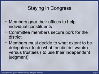 Staying in Congress Members gear their offices to help individual constituents Committee members secure pork for the district Members must decide to what extent to be delegates ( to do what the district wants) versus trustees ( to use their independent judgment) 