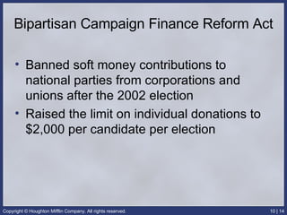 Bipartisan Campaign Finance Reform Act Banned soft money contributions to national parties from corporations and unions after the 2002 election Raised the limit on individual donations to $2,000 per candidate per election 