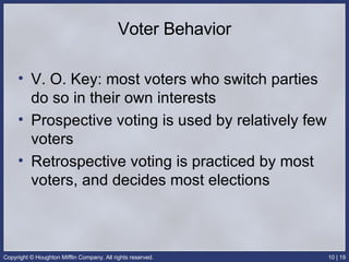 Voter Behavior V. O. Key: most voters who switch parties do so in their own interests Prospective voting is used by relatively few voters Retrospective voting is practiced by most voters, and decides most elections 