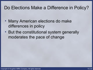 Do Elections Make a Difference in Policy? Many American elections do make differences in policy But the constitutional system generally moderates the pace of change 
