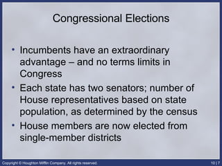 Congressional Elections Incumbents have an extraordinary advantage – and no terms limits in Congress Each state has two senators; number of House representatives based on state population, as determined by the census House members are now elected from single-member districts 
