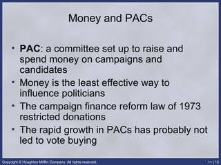 Money and PACs PAC : a committee set up to raise and spend money on campaigns and candidates Money is the least effective way to influence politicians The campaign finance reform law of 1973 restricted donations The rapid growth in PACs has probably not led to vote buying 