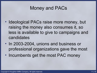 Money and PACs Ideological PACs raise more money, but raising the money also consumes it, so less is available to give to campaigns and candidates In 2003-2004, unions and business or professional organizations gave the most Incumbents get the most PAC money 