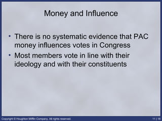 Money and Influence There is no systematic evidence that PAC money influences votes in Congress Most members vote in line with their ideology and with their constituents 