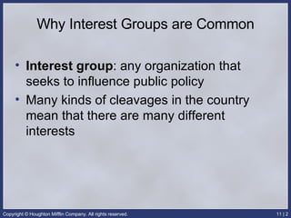 Why Interest Groups are Common Interest group : any organization that seeks to influence public policy Many kinds of cleavages in the country mean that there are many different interests 