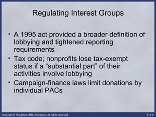 Regulating Interest Groups A 1995 act provided a broader definition of lobbying and tightened reporting requirements Tax code; nonprofits lose tax-exempt status if a “substantial part” of their activities involve lobbying Campaign-finance laws limit donations by individual PACs 