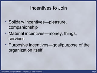 Incentives to Join Solidary incentives—pleasure, companionship Material incentives—money, things, services  Purposive incentives—goal/purpose of the organization itself 