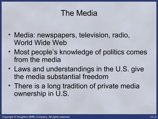 The Media Media: newspapers, television, radio, World Wide Web Most people’s knowledge of politics comes from the media Laws and understandings in the U.S. give the media substantial freedom  There is a long tradition of private media ownership in U.S. 