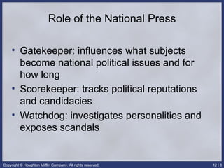 Role of the National Press Gatekeeper: influences what subjects become national political issues and for how long Scorekeeper: tracks political reputations and candidacies Watchdog: investigates personalities and exposes scandals 