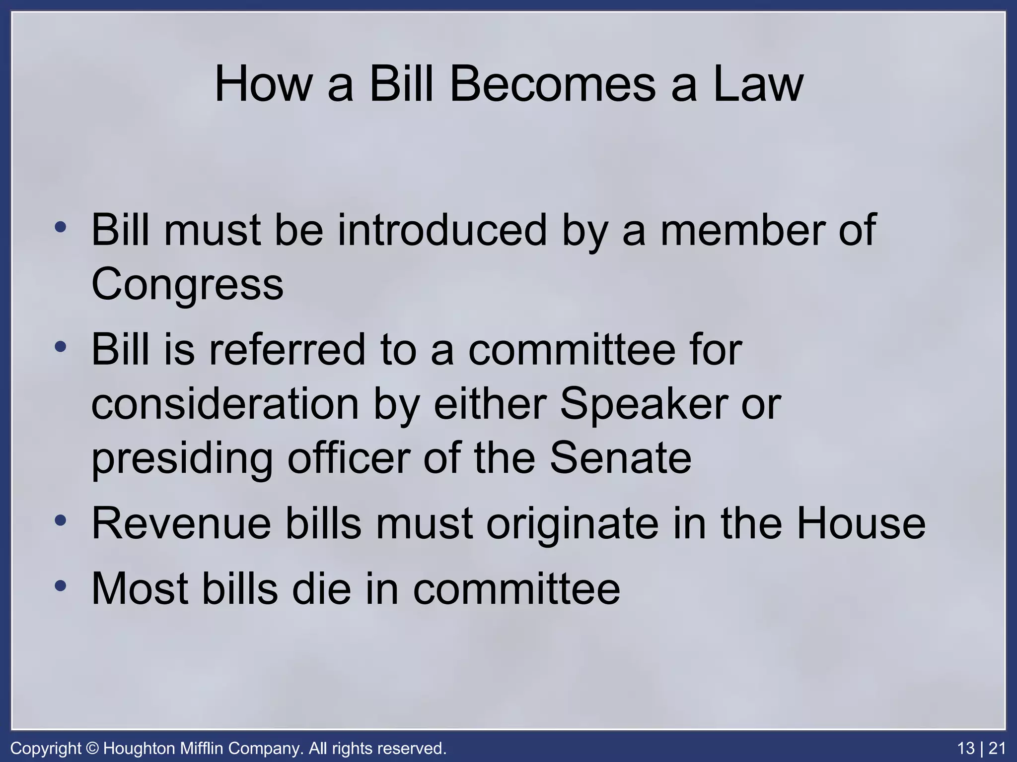 How a Bill Becomes a Law Bill must be introduced by a member of Congress Bill is referred to a committee for consideration by either Speaker or presiding officer of the Senate Revenue bills must originate in the House Most bills die in committee 