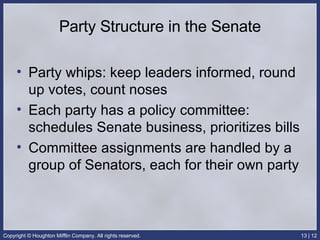Party Structure in the Senate Party whips: keep leaders informed, round up votes, count noses Each party has a policy committee: schedules Senate business, prioritizes bills Committee assignments are handled by a group of Senators, each for their own party 