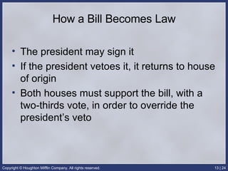 How a Bill Becomes Law The president may sign it If the president vetoes it, it returns to house of origin Both houses must support the bill, with a two-thirds vote, in order to override the president’s veto 