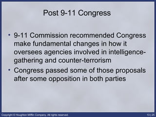 Post 9-11 Congress  9-11 Commission recommended Congress make fundamental changes in how it oversees agencies involved in intelligence-gathering and counter-terrorism Congress passed some of those proposals after some opposition in both parties 