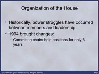 Organization of the House Historically, power struggles have occurred between members and leadership 1994 brought changes: Committee chairs hold positions for only 6 years 