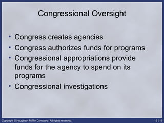 Congressional Oversight Congress creates agencies  Congress authorizes funds for programs Congressional appropriations provide funds for the agency to spend on its programs Congressional investigations 