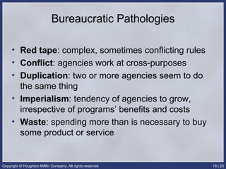Bureaucratic Pathologies Red tape : complex, sometimes conflicting rules  Conflict : agencies work at cross-purposes Duplication : two or more agencies seem to do the same thing Imperialism : tendency of agencies to grow, irrespective of programs’ benefits and costs Waste : spending more than is necessary to buy some product or service 