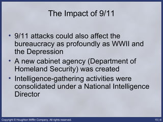 The Impact of 9/11 9/11 attacks could also affect the bureaucracy as profoundly as WWII and the Depression A new cabinet agency (Department of Homeland Security) was created Intelligence-gathering activities were consolidated under a National Intelligence Director 