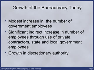 Growth of the Bureaucracy Today Modest increase in  the number of government employees Significant indirect increase in number of employees through use of private contractors, state and local government employees Growth in discretionary authority 