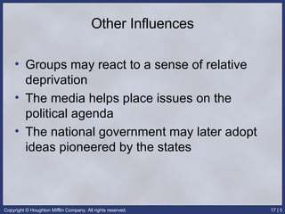 Other Influences Groups may react to a sense of relative deprivation The media helps place issues on the political agenda The national government may later adopt ideas pioneered by the states 
