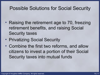 Possible Solutions for Social Security Raising the retirement age to 70, freezing retirement benefits, and raising Social Security taxes Privatizing Social Security Combine the first two reforms, and allow citizens to invest a portion of their Social Security taxes into mutual funds 