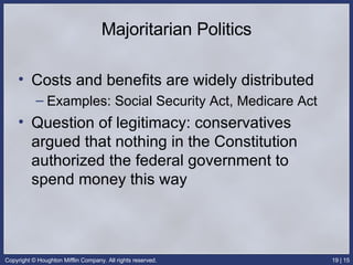 Majoritarian Politics Costs and benefits are widely distributed Examples: Social Security Act, Medicare Act Question of legitimacy: conservatives argued that nothing in the Constitution authorized the federal government to spend money this way 