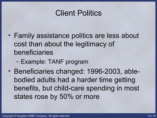 Client Politics Family assistance politics are less about cost than about the legitimacy of beneficiaries Example: TANF program Beneficiaries changed: 1996-2003, able-bodied adults had a harder time getting benefits, but child-care spending in most states rose by 50% or more 