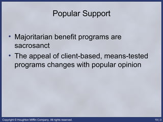 Popular Support Majoritarian benefit programs are sacrosanct The appeal of client-based, means-tested programs changes with popular opinion 