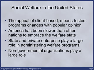 Social Welfare in the United States The appeal of client-based, means-tested programs changes with popular opinion America has been slower than other nations to embrace the welfare state State and private enterprise play a large role in administering welfare programs Non-governmental organizations play a large role 