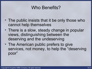 Who Benefits? The public insists that it be only those who cannot help themselves There is a slow, steady change in popular views, distinguishing between the deserving and the undeserving The American public prefers to give services, not money, to help the “deserving poor” 