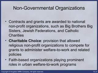 Non-Governmental Organizations Contracts and grants are awarded to national non-profit organizations, such as Big Brothers Big Sisters, Jewish Federations, and Catholic Charities Charitable Choice : provision that allowed religious non-profit organizations to compete for grants to administer welfare-to-work and related policies Faith-based organizations playing prominent roles in urban welfare-to-work programs 