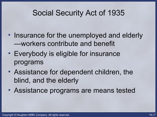 Social Security Act of 1935 Insurance for the unemployed and elderly—workers contribute and benefit Everybody is eligible for insurance programs Assistance for dependent children, the blind, and the elderly Assistance programs are means tested 