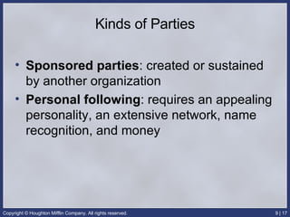 Kinds of Parties Sponsored parties : created or sustained by another organization Personal following : requires an appealing personality, an extensive network, name recognition, and money 