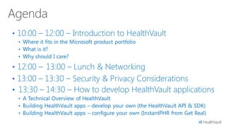 • 10:00 – 12:00 – Introduction to HealthVault
 • Where it fits in the Microsoft product portfolio
 • What is it?
 • Why should I care?

• 12:00 – 13:00 – Lunch & Networking
• 13:00 – 13:30 – Security & Privacy Considerations
• 13:30 – 14:30 – How to develop HealthVault applications
 • A Technical Overview of HealthVault
 • Building HealthVault apps – develop your own (the HealthVault API & SDK)
 • Building HealthVault apps – configure your own (InstantPHR from Get Real)
 