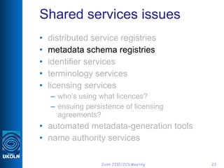 Shared services issues <ul><li>distributed service registries </li></ul><ul><li>metadata schema registries </li></ul><ul><...