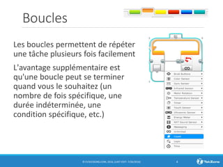 Boucles
Les boucles permettent de répéter
une tâche plusieurs fois facilement
L'avantage supplémentaire est
qu'une boucle peut se terminer
quand vous le souhaitez (un
nombre de fois spécifique, une
durée indéterminée, une
condition spécifique, etc.)
© EV3LESSONS.COM, 2016, (LAST EDIT: 7/26/2016) 4
 
