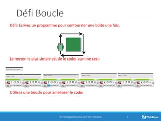 Défi Boucle
Défi: Ecrivez un programme pour contourner une boîte une fois.
Le moyen le plus simple est de le coder comme ceci:
Utilisez une boucle pour améliorer le code
© EV3LESSONS.COM, 2016, (LAST EDIT: 7/26/2016) 5
 