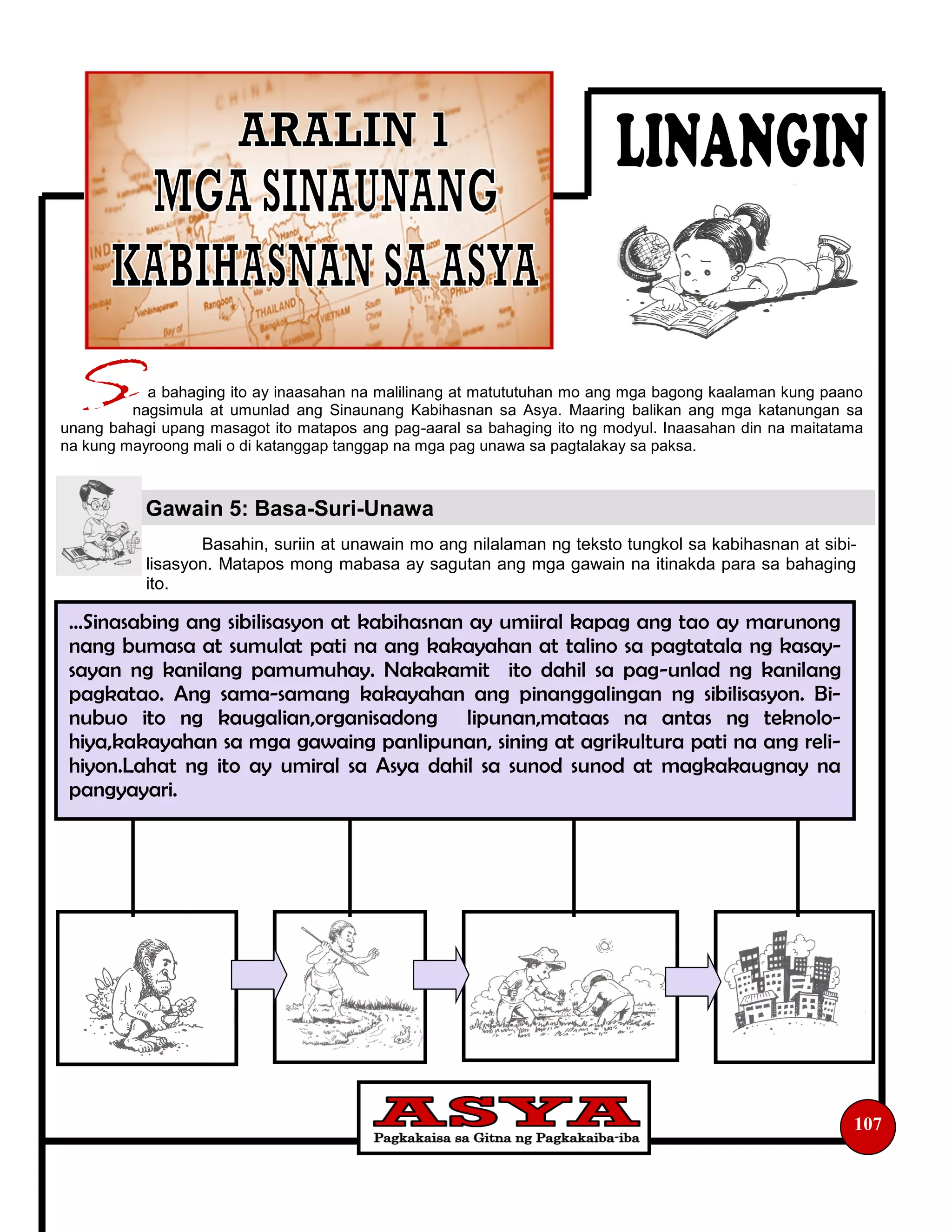 Basahin, suriin at unawain mo ang nilalaman ng teksto tungkol sa kabihasnan at sibi-
lisasyon. Matapos mong mabasa ay sagutan ang mga gawain na itinakda para sa bahaging
ito.
a bahaging ito ay inaasahan na malilinang at matututuhan mo ang mga bagong kaalaman kung paano
nagsimula at umunlad ang Sinaunang Kabihasnan sa Asya. Maaring balikan ang mga katanungan sa
unang bahagi upang masagot ito matapos ang pag-aaral sa bahaging ito ng modyul. Inaasahan din na maitatama
na kung mayroong mali o di katanggap tanggap na mga pag unawa sa pagtalakay sa paksa.
Gawain 5: Basa-Suri-Unawa
107
…Sinasabing ang sibilisasyon at kabihasnan ay umiiral kapag ang tao ay marunong
nang bumasa at sumulat pati na ang kakayahan at talino sa pagtatala ng kasay-
sayan ng kanilang pamumuhay. Nakakamit ito dahil sa pag-unlad ng kanilang
pagkatao. Ang sama-samang kakayahan ang pinanggalingan ng sibilisasyon. Bi-
nubuo ito ng kaugalian,organisadong lipunan,mataas na antas ng teknolo-
hiya,kakayahan sa mga gawaing panlipunan, sining at agrikultura pati na ang reli-
hiyon.Lahat ng ito ay umiral sa Asya dahil sa sunod sunod at magkakaugnay na
pangyayari.
 