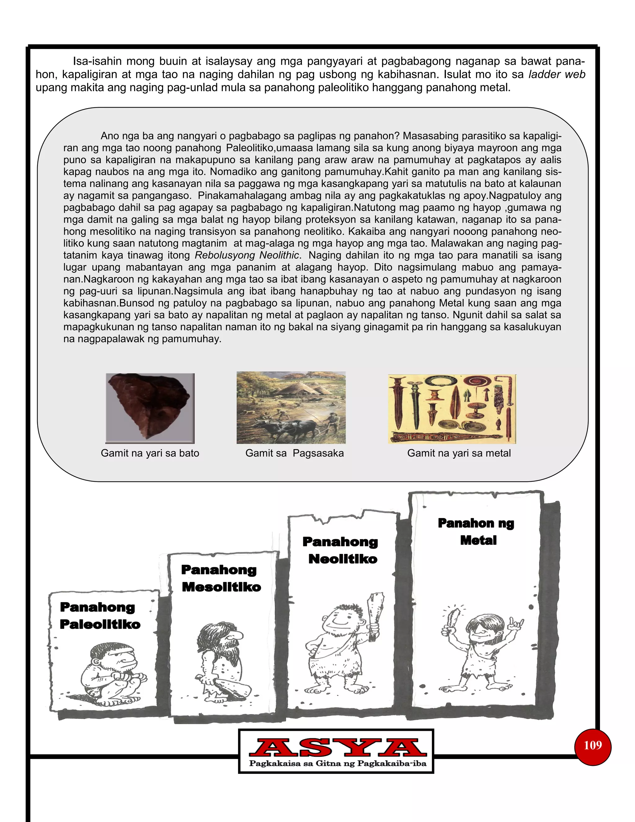 Isa-isahin mong buuin at isalaysay ang mga pangyayari at pagbabagong naganap sa bawat pana-
hon, kapaligiran at mga tao na naging dahilan ng pag usbong ng kabihasnan. Isulat mo ito sa ladder web
upang makita ang naging pag-unlad mula sa panahong paleolitiko hanggang panahong metal.
109
Ano nga ba ang nangyari o pagbabago sa paglipas ng panahon? Masasabing parasitiko sa kapaligi-
ran ang mga tao noong panahong Paleolitiko,umaasa lamang sila sa kung anong biyaya mayroon ang mga
puno sa kapaligiran na makapupuno sa kanilang pang araw araw na pamumuhay at pagkatapos ay aalis
kapag naubos na ang mga ito. Nomadiko ang ganitong pamumuhay.Kahit ganito pa man ang kanilang sis-
tema nalinang ang kasanayan nila sa paggawa ng mga kasangkapang yari sa matutulis na bato at kalaunan
ay nagamit sa pangangaso. Pinakamahalagang ambag nila ay ang pagkakatuklas ng apoy.Nagpatuloy ang
pagbabago dahil sa pag agapay sa pagbabago ng kapaligiran.Natutong mag paamo ng hayop ,gumawa ng
mga damit na galing sa mga balat ng hayop bilang proteksyon sa kanilang katawan, naganap ito sa pana-
hong mesolitiko na naging transisyon sa panahong neolitiko. Kakaiba ang nangyari nooong panahong neo-
litiko kung saan natutong magtanim at mag-alaga ng mga hayop ang mga tao. Malawakan ang naging pag-
tatanim kaya tinawag itong Rebolusyong Neolithic. Naging dahilan ito ng mga tao para manatili sa isang
lugar upang mabantayan ang mga pananim at alagang hayop. Dito nagsimulang mabuo ang pamaya-
nan.Nagkaroon ng kakayahan ang mga tao sa ibat ibang kasanayan o aspeto ng pamumuhay at nagkaroon
ng pag-uuri sa lipunan.Nagsimula ang ibat ibang hanapbuhay ng tao at nabuo ang pundasyon ng isang
kabihasnan.Bunsod ng patuloy na pagbabago sa lipunan, nabuo ang panahong Metal kung saan ang mga
kasangkapang yari sa bato ay napalitan ng metal at paglaon ay napalitan ng tanso. Ngunit dahil sa salat sa
mapagkukunan ng tanso napalitan naman ito ng bakal na siyang ginagamit pa rin hanggang sa kasalukuyan
na nagpapalawak ng pamumuhay.
Gamit na yari sa bato Gamit sa Pagsasaka Gamit na yari sa metal
 