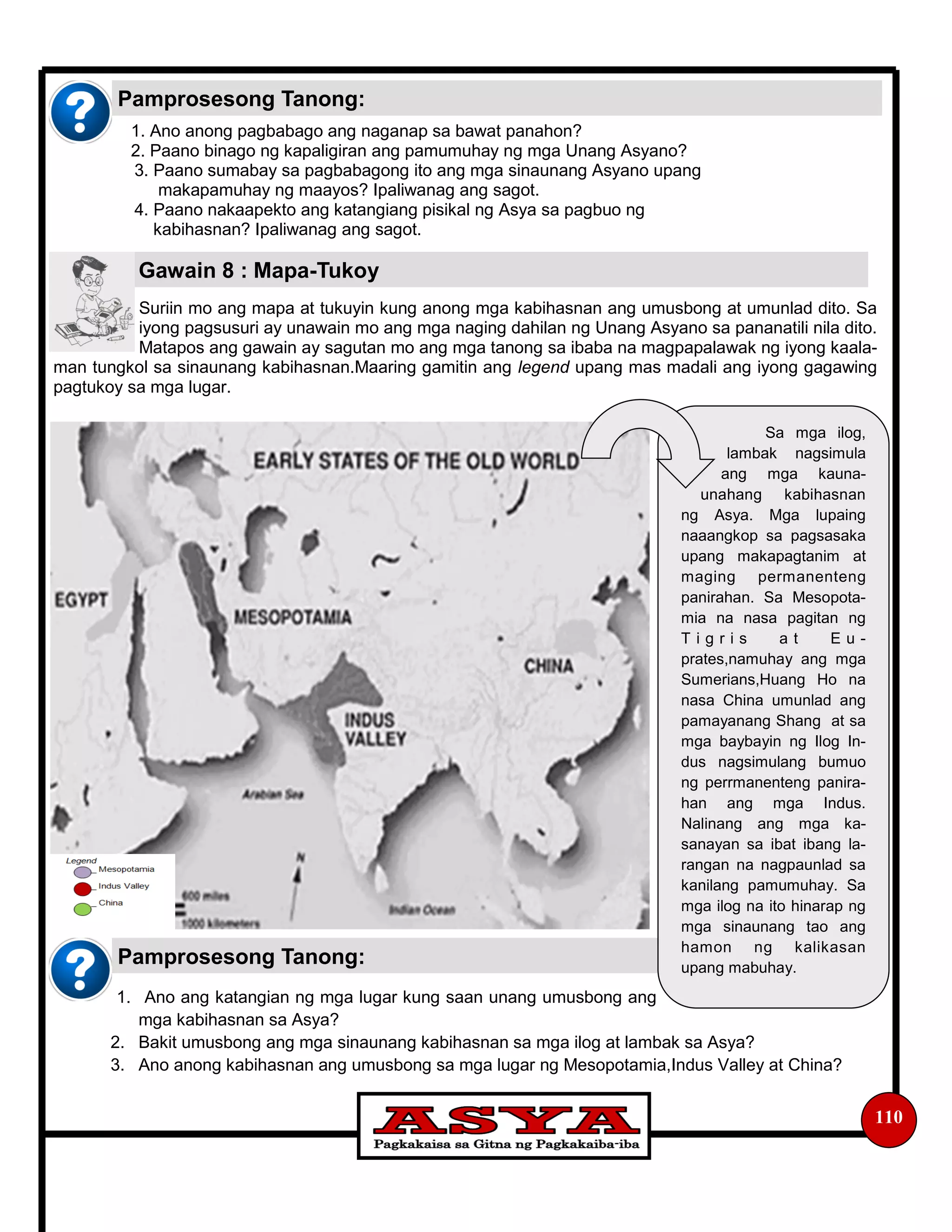 1. Ano anong pagbabago ang naganap sa bawat panahon?
2. Paano binago ng kapaligiran ang pamumuhay ng mga Unang Asyano?
3. Paano sumabay sa pagbabagong ito ang mga sinaunang Asyano upang
makapamuhay ng maayos? Ipaliwanag ang sagot.
4. Paano nakaapekto ang katangiang pisikal ng Asya sa pagbuo ng
kabihasnan? Ipaliwanag ang sagot.
Suriin mo ang mapa at tukuyin kung anong mga kabihasnan ang umusbong at umunlad dito. Sa
iyong pagsusuri ay unawain mo ang mga naging dahilan ng Unang Asyano sa pananatili nila dito.
Matapos ang gawain ay sagutan mo ang mga tanong sa ibaba na magpapalawak ng iyong kaala-
man tungkol sa sinaunang kabihasnan.Maaring gamitin ang legend upang mas madali ang iyong gagawing
pagtukoy sa mga lugar.
1. Ano ang katangian ng mga lugar kung saan unang umusbong ang
mga kabihasnan sa Asya?
2. Bakit umusbong ang mga sinaunang kabihasnan sa mga ilog at lambak sa Asya?
3. Ano anong kabihasnan ang umusbong sa mga lugar ng Mesopotamia,Indus Valley at China?
110
Gawain 8 : Mapa-Tukoy
Pamprosesong Tanong:
Pamprosesong Tanong:
Sa mga ilog,
lambak nagsimula
ang mga kauna-
unahang kabihasnan
ng Asya. Mga lupaing
naaangkop sa pagsasaka
upang makapagtanim at
maging permanenteng
panirahan. Sa Mesopota-
mia na nasa pagitan ng
T i g r i s a t E u -
prates,namuhay ang mga
Sumerians,Huang Ho na
nasa China umunlad ang
pamayanang Shang at sa
mga baybayin ng Ilog In-
dus nagsimulang bumuo
ng perrmanenteng panira-
han ang mga Indus.
Nalinang ang mga ka-
sanayan sa ibat ibang la-
rangan na nagpaunlad sa
kanilang pamumuhay. Sa
mga ilog na ito hinarap ng
mga sinaunang tao ang
hamon ng kalikasan
upang mabuhay.
 