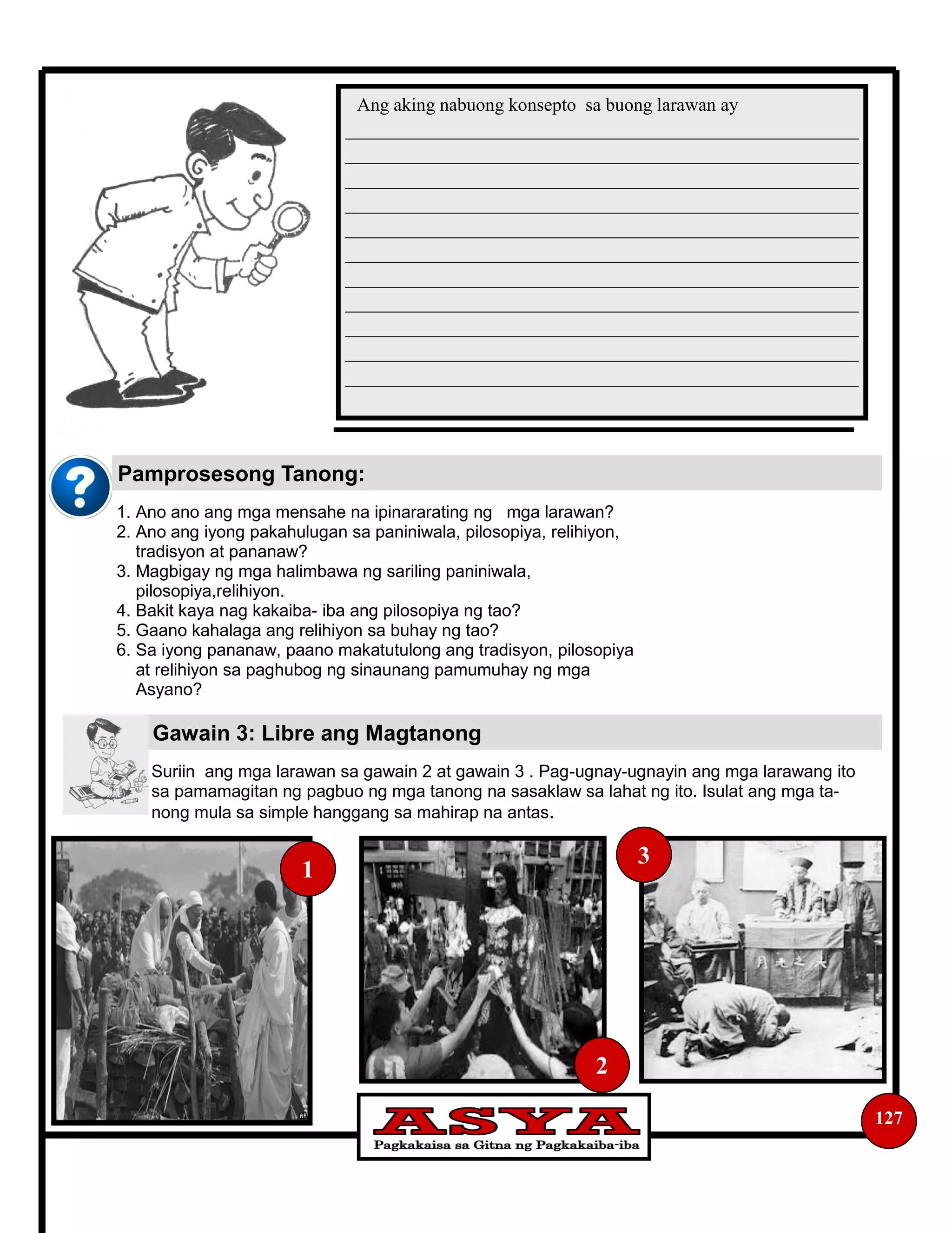 127
Pamprosesong Tanong:
1. Ano ano ang mga mensahe na ipinararating ng mga larawan?
2. Ano ang iyong pakahulugan sa paniniwala, pilosopiya, relihiyon,
tradisyon at pananaw?
3. Magbigay ng mga halimbawa ng sariling paniniwala,
pilosopiya,relihiyon.
4. Bakit kaya nag kakaiba- iba ang pilosopiya ng tao?
5. Gaano kahalaga ang relihiyon sa buhay ng tao?
6. Sa iyong pananaw, paano makatutulong ang tradisyon, pilosopiya
at relihiyon sa paghubog ng sinaunang pamumuhay ng mga
Asyano?
Gawain 3: Libre ang Magtanong
Suriin ang mga larawan sa gawain 2 at gawain 3 . Pag-ugnay-ugnayin ang mga larawang ito
sa pamamagitan ng pagbuo ng mga tanong na sasaklaw sa lahat ng ito. Isulat ang mga ta-
nong mula sa simple hanggang sa mahirap na antas.
Ang aking nabuong konsepto sa buong larawan ay
_______________________________________________________
_______________________________________________________
_______________________________________________________
_______________________________________________________
_______________________________________________________
_______________________________________________________
_______________________________________________________
_______________________________________________________
_______________________________________________________
_______________________________________________________
_______________________________________________________
1
2
3
 