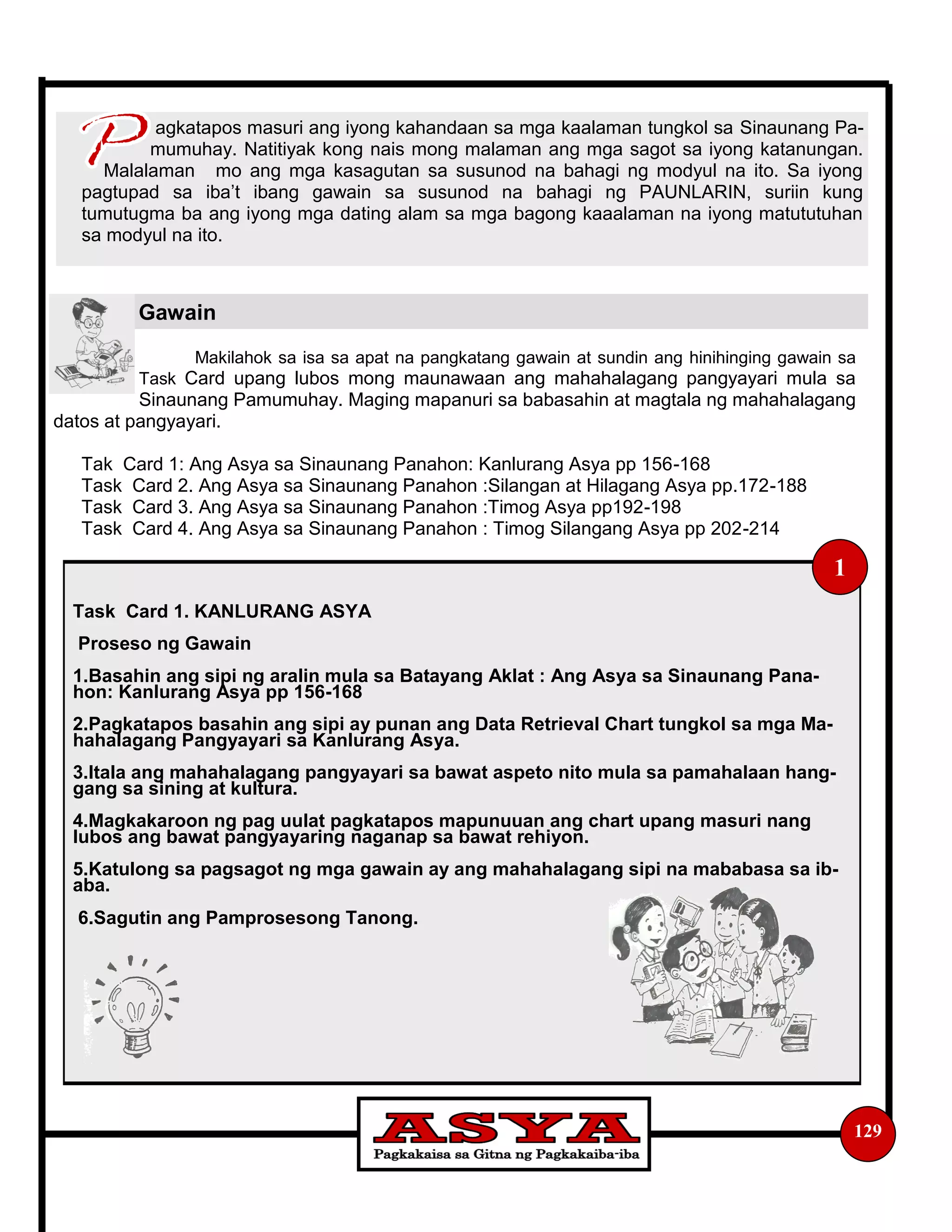 agkatapos masuri ang iyong kahandaan sa mga kaalaman tungkol sa Sinaunang Pa-
mumuhay. Natitiyak kong nais mong malaman ang mga sagot sa iyong katanungan.
Malalaman mo ang mga kasagutan sa susunod na bahagi ng modyul na ito. Sa iyong
pagtupad sa iba’t ibang gawain sa susunod na bahagi ng PAUNLARIN, suriin kung
tumutugma ba ang iyong mga dating alam sa mga bagong kaaalaman na iyong matututuhan
sa modyul na ito.
Makilahok sa isa sa apat na pangkatang gawain at sundin ang hinihinging gawain sa
Task Card upang lubos mong maunawaan ang mahahalagang pangyayari mula sa
Sinaunang Pamumuhay. Maging mapanuri sa babasahin at magtala ng mahahalagang
datos at pangyayari.
Tak Card 1: Ang Asya sa Sinaunang Panahon: Kanlurang Asya pp 156-168
Task Card 2. Ang Asya sa Sinaunang Panahon :Silangan at Hilagang Asya pp.172-188
Task Card 3. Ang Asya sa Sinaunang Panahon :Timog Asya pp192-198
Task Card 4. Ang Asya sa Sinaunang Panahon : Timog Silangang Asya pp 202-214
Gawain
129
Task Card 1. KANLURANG ASYA
Proseso ng Gawain
1.Basahin ang sipi ng aralin mula sa Batayang Aklat : Ang Asya sa Sinaunang Pana-
hon: Kanlurang Asya pp 156-168
2.Pagkatapos basahin ang sipi ay punan ang Data Retrieval Chart tungkol sa mga Ma-
hahalagang Pangyayari sa Kanlurang Asya.
3.Itala ang mahahalagang pangyayari sa bawat aspeto nito mula sa pamahalaan hang-
gang sa sining at kultura.
4.Magkakaroon ng pag uulat pagkatapos mapunuuan ang chart upang masuri nang
lubos ang bawat pangyayaring naganap sa bawat rehiyon.
5.Katulong sa pagsagot ng mga gawain ay ang mahahalagang sipi na mababasa sa ib-
aba.
6.Sagutin ang Pamprosesong Tanong.
1
 