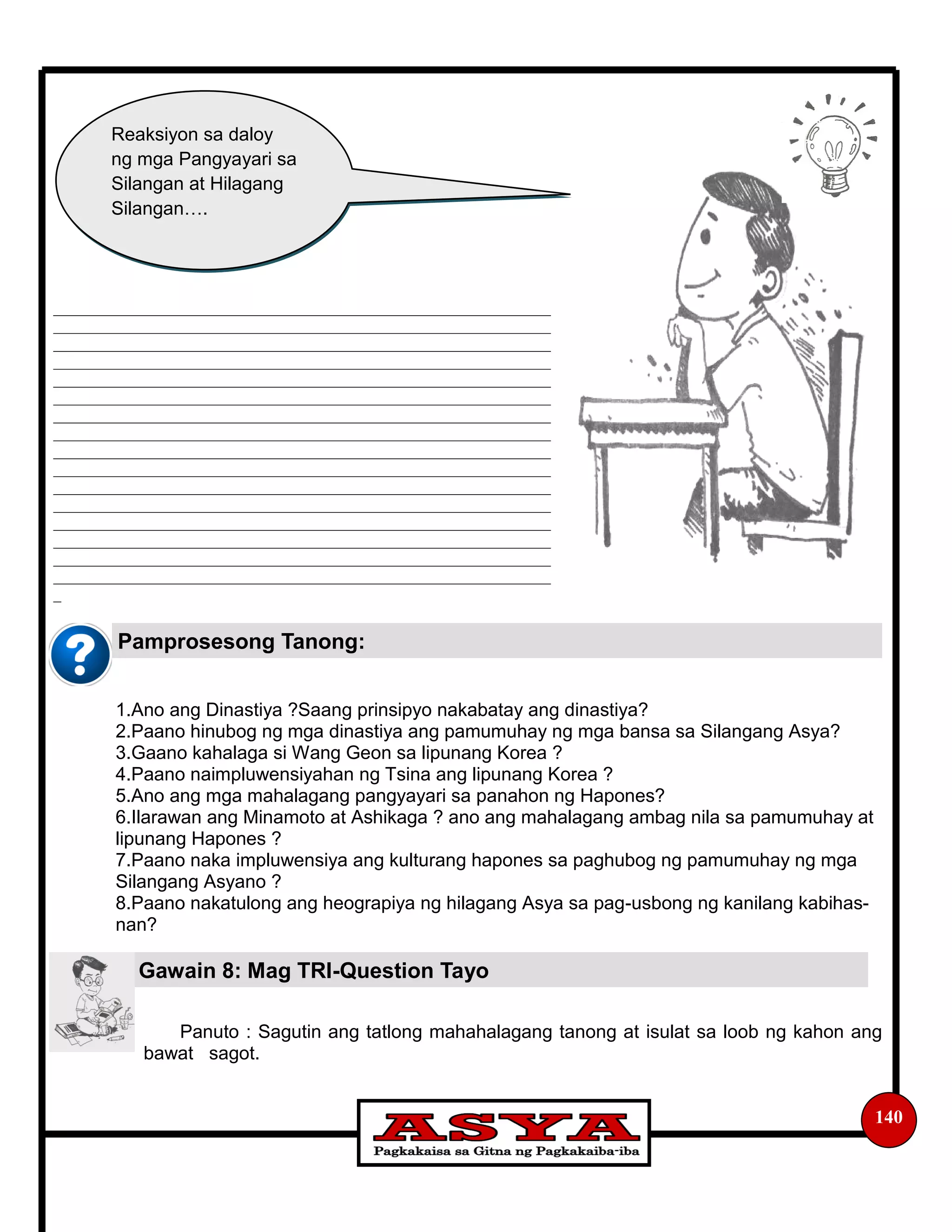 Gawain 8: Mag TRI-Question Tayo
140
1.Ano ang Dinastiya ?Saang prinsipyo nakabatay ang dinastiya?
2.Paano hinubog ng mga dinastiya ang pamumuhay ng mga bansa sa Silangang Asya?
3.Gaano kahalaga si Wang Geon sa lipunang Korea ?
4.Paano naimpluwensiyahan ng Tsina ang lipunang Korea ?
5.Ano ang mga mahalagang pangyayari sa panahon ng Hapones?
6.Ilarawan ang Minamoto at Ashikaga ? ano ang mahalagang ambag nila sa pamumuhay at
lipunang Hapones ?
7.Paano naka impluwensiya ang kulturang hapones sa paghubog ng pamumuhay ng mga
Silangang Asyano ?
8.Paano nakatulong ang heograpiya ng hilagang Asya sa pag-usbong ng kanilang kabihas-
nan?
Panuto : Sagutin ang tatlong mahahalagang tanong at isulat sa loob ng kahon ang
bawat sagot.
Reaksiyon sa daloy
ng mga Pangyayari sa
Silangan at Hilagang
Silangan….
________________________________________________________________
________________________________________________________________
________________________________________________________________
________________________________________________________________
________________________________________________________________
________________________________________________________________
________________________________________________________________
________________________________________________________________
________________________________________________________________
________________________________________________________________
________________________________________________________________
________________________________________________________________
________________________________________________________________
________________________________________________________________
________________________________________________________________
________________________________________________________________
_
Pamprosesong Tanong:
 