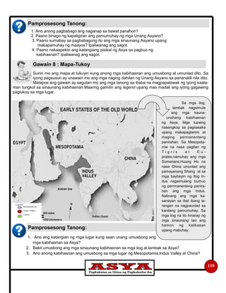 1. Ano anong pagbabago ang naganap sa bawat panahon?
2. Paano binago ng kapaligiran ang pamumuhay ng mga Unang Asyano?
3. Paano sumabay sa pagbabagong ito ang mga sinaunang Asyano upang
makapamuhay ng maayos? Ipaliwanag ang sagot.
4. Paano nakaapekto ang katangiang pisikal ng Asya sa pagbuo ng
kabihasnan? Ipaliwanag ang sagot.
Suriin mo ang mapa at tukuyin kung anong mga kabihasnan ang umusbong at umunlad dito. Sa
iyong pagsusuri ay unawain mo ang mga naging dahilan ng Unang Asyano sa pananatili nila dito.
Matapos ang gawain ay sagutan mo ang mga tanong sa ibaba na magpapalawak ng iyong kaala-
man tungkol sa sinaunang kabihasnan.Maaring gamitin ang legend upang mas madali ang iyong gagawing
pagtukoy sa mga lugar.
1. Ano ang katangian ng mga lugar kung saan unang umusbong ang
mga kabihasnan sa Asya?
2. Bakit umusbong ang mga sinaunang kabihasnan sa mga ilog at lambak sa Asya?
3. Ano anong kabihasnan ang umusbong sa mga lugar ng Mesopotamia,Indus Valley at China?
110
Gawain 8 : Mapa-Tukoy
Pamprosesong Tanong:
Pamprosesong Tanong:
Sa mga ilog,
lambak nagsimula
ang mga kauna-
unahang kabihasnan
ng Asya. Mga lupaing
naaangkop sa pagsasaka
upang makapagtanim at
maging permanenteng
panirahan. Sa Mesopota-
mia na nasa pagitan ng
T i g r i s a t E u -
prates,namuhay ang mga
Sumerians,Huang Ho na
nasa China umunlad ang
pamayanang Shang at sa
mga baybayin ng Ilog In-
dus nagsimulang bumuo
ng perrmanenteng panira-
han ang mga Indus.
Nalinang ang mga ka-
sanayan sa ibat ibang la-
rangan na nagpaunlad sa
kanilang pamumuhay. Sa
mga ilog na ito hinarap ng
mga sinaunang tao ang
hamon ng kalikasan
upang mabuhay.
 
