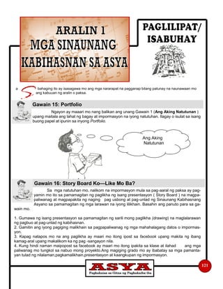 a bahaging ito ay isasagawa mo ang mga nararapat na pagganap bilang patunay na naunawaan mo
ang kabuuan ng aralin o paksa.
Ngayon ay maaari mo nang balikan ang unang Gawain 1 (Ang Aking Natutunan )
upang maitala ang lahat ng bagay at impormasyon na iyong natutuhan. Ilagay o isulat sa isang
buong papel at ipunin sa inyong Portfolio.
Sa mga natutuhan mo, nalikom na impormasyon mula sa pag-aaral ng paksa ay pag-
yamin mo ito sa pamamagitan ng paglikha ng isang presentasyon ( Story Board ) na magpa-
paliwanag at magpapakita ng naging pag usbong at pag-unlad ng Sinaunang Kabihasnang
Asyano sa pamamagitan ng mga larawan na iyong lilikhain. Basahin ang panuto para sa ga-
wain mo.
1. Gumawa ng isang presentasyon sa pamamagitan ng sarili mong paglikha (drawing) na maglalarawan
ng pagbuo at pag-unlad ng kabihasnan.
2. Gamitin ang iyong pagiging malikhain sa pagpapaliwanag ng mga mahahalagang datos o impormas-
yon.
3. Kapag natapos mo na ang paglikha ay maari mo itong ipost sa facebook upang makita ng ibang
kamag-aral upang makalikom ka ng pag -sangayon nila.
4. Kung hindi naman maipopost sa facebook ay maari mo itong ipakita sa klase at ilahad ang mga
paliwanag mo tungkol sa nabuo mong proyekto.Ang magiging grado mo ay ibabatay sa mga pamanta-
yan tulad ng nilalaman,pagkamalikhain,presentasyon at kaangkupan ng impormasyon.
121
Gawain 15: Portfolio
Gawain 16: Story Board Ko—Like Mo Ba?
Ang Aking
Natutunan
 