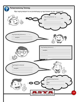 126
Mga naging batayan ko sa ipinahahayag ng mga larawan ay ang sumusunod :
Pamprosesong Tanong:
Ang unang larawan ay………
__________________________sapa
gkat
__________________________
_____________________________
_____________________________
Ang ikalawang larawan ay………­­
________________________________
_____sapagkat____________________
________________________________
Ang ikatlong larawan ay……
______________________________________________
___sapagkat____________________________________
______________________________________________
______________________________________________
___________
______________________________________________
Ang ikaapat na larawan
ay_______________________________
___sapagkat______________________
________________________________
________________________________
Ang ikalimang larawan
ay__________________________
sapag-
kat_________________________
 