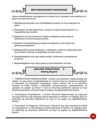 Upang maisakatuparan ang pagkatuto sa modyul na ito, kailangan mong alalahanin at
gawin ang mga sumusunod
1. Mabibigyang kahulugan ang mahahalagang konsepto na may kaugnayan sa
paksa
2. Makapagsuri ng mga talahanayan, larawan at mapa at mga babasahin na
magpapaliwanag ng paksa.
3. Makabubuo ng mga konklusyon hinggil sa kalagayan,pamumuhay at
debelopment ng sinaunang pamayanan.
4. Makilahok sa kinabibilangang pangkat sa pagtupad ng iba’t ibang mga
gawaing pampagkatuto.
5. Makapagsulat ng iyong repleksiyon o realisasyon tungkol sa naging pag-unlad
ng pamayanan patungo sa pagtatatag ng mga imperyo.
6. Mapapahalagahan ang mga naging ambag / kontribusyon ng kabihasnan
sa lipunan.
7. Mapapahalagahan ang naging papel ng mga kababaihan sa Asya.
1 PAMANTAYANG PANGNILALAMAN ( Grade Level Standard) Naipamamalas ang
malalim na pag-unawa at pagpapahalaga sa rehiyong Asya sa mayamang katangian
at kakayahan ng heograpiya, kasaysayan, kultura, lipunan nito at sa ibat-ibang
larangan ng buhay Asyano ( pampulitika, pang-ekonomiya, pampamahalaan, at
uganayan sa pagitan ng rehiyon ) mula sa sinaunang kabihasnan patungo sa mga
kasalukuyang lipunan at bansa tungo sa pagbuo ng pagkakakilanlang Asyano.
2. Pamantayang Pangnilalaman: ( Content Standard) Naipamamalas ng mag-aaral
ang pag-unawa sa mga kaisipang Asyano,pilosopiya at relihiyon na nagbigay daan sa
paghubog ng sinaunang kabihasnan sa Asya at sa pagbuo ng pagkakakilanlang
Asyano.
3. Pamantayan sa Pagganap: (Performance Standard) Ang mga mag-aaral ay kritikal
na nakapagsusuri sa mga kaisipang Asyano,pilosopiya at relihiyon na nagbigay daan
sa paghubog ng sinaunang kabihasnan sa Asya sa pagbuo ng pagkakakilanlang
Asyano.
ARALING PANLIPUNAN 8
Araling Asyano
MGA INAASAHANG KAKAYAHAN
98
 