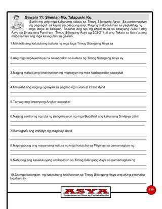 Gawain 11: Simulan Mo, Tatapusin Ko.
150
Suriin mo ang mga kahariang nabuo sa Timog Silangang Asya Sa pamamagitan
ng pagsagot sa kapus na pangungusap. Maging makabuluhan sa paglalatag ng
mga ideya at kaisipan. Basahin ang sipi ng aralin mula sa batayang Aklat : Ang
Asya sa Sinaunang Panahon : Timog Silangang Asya pp 202-214 at ang Teksto sa itaas upang
mapayaman ang mga kasagutan sa gawain.
1.Makikita ang katutubong kultura ng mga taga Timog Silangang Asya sa
_____________________________________________________________________________
_____________________________________________________________________________
2.Ang mga impluwensiya na nakaapekto sa kultura ng Timog Silangang Asya ay
_____________________________________________________________________________
_____________________________________________________________________________
3.Naging mabuti ang kinahinatnan ng migrasyon ng mga Austronesian sapagkat
_____________________________________________________________________________
_____________________________________________________________________________
4.Maunlad ang naging ugnayan sa pagitan ng Funan at China dahil
_____________________________________________________________________________
_____________________________________________________________________________
5.Tanyag ang Imperyong Angkor sapagkat
_____________________________________________________________________________
_____________________________________________________________________________
6.Naging sentro ng ng ruta ng perigrinasyon ng mga Buddhist ang kahariang Srivijaya dahil
_____________________________________________________________________________
____________________________________________________________________________
7.Bumagsak ang imperyo ng Majapajit dahil
_____________________________________________________________________________
_____________________________________________________________________________
8.Napayabong ang mayamang kultura ng mga katutubo sa Pilipinas sa pamamagitan ng
_____________________________________________________________________________
_____________________________________________________________________________
9.Nahubog ang kasalukuyang sibilisasyon sa Timog Silangang Asya sa pamamagitan ng
_____________________________________________________________________________
_____________________________________________________________________________
10.Sa mga katangian ng katutubong kabihasnan sa Timog Silangang Asya ang aking pinahaha-
lagahan ay
_____________________________________________________________________________
 
