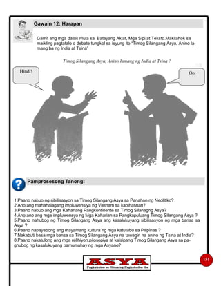 Gawain 12: Harapan
151
Gamit ang mga datos mula sa Batayang Aklat, Mga Sipi at Teksto.Makilahok sa
maikling pagtatalo o debate tungkol sa isyung ito “Timog Silangang Asya, Anino la-
mang ba ng India at Tsina”
1.Paano nabuo ng sibilisasyon sa Timog Silangang Asya sa Panahon ng Neolitiko?
2.Ano ang mahahalagang impluwensiya ng Vietnam sa kabihasnan?
3.Paano nabuo ang mga Kahariang Pangkontinente sa Timog Silanagng Asya?
4.Ano ano ang mga impluwensya ng Mga Kaharian sa Pangkapuluang Timog Silangang Asya ?
5.Paano nahubog ng Timog Silangang Asya ang kasalukuyang sibilisasyon ng mga bansa sa
Asya ?
6.Paano napayabong ang mayamang kultura ng mga katutubo sa Pilipinas ?
7.Nakabuti basa mga bansa sa Timog Silangang Asya na tawagin na anino ng Tsina at India?
8.Paano nakatulong ang mga relihiyon,pilosopiya at kaisipang Timog Silangang Asya sa pa-
ghubog ng kasalukuyang pamumuhay ng mga Asyano?
Timog Silangang Asya, Anino lamang ng India at Tsina ?
Hindi! Oo
Pamprosesong Tanong:
 